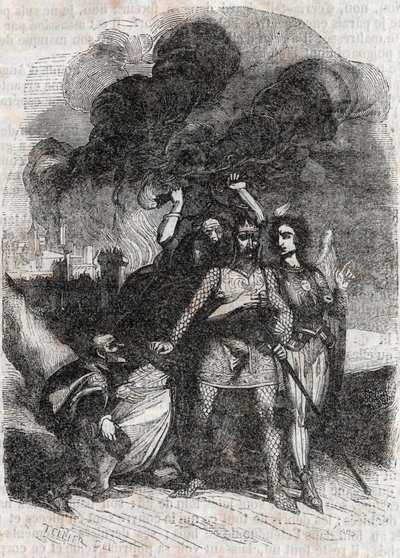 Rodomont forlater Paris - gravering av 1851 fra "" Roland furieux"" (Orlando furioso) (1500-tallet) av Ludovico Ariosto, kjent som Ariosta - utgave oversatt fra italiensk av greven av Tressan og utgitt av Gustave Harvard 1851 av Unknown artist
