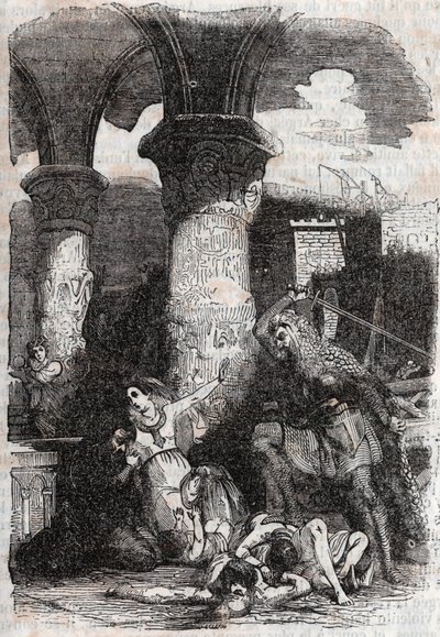 Rodomont massacre les habitatnts de Paris - gravering av 1851 fra "" Roland furieux"" (Orlando furioso) (1500-tallet) av Ludovico Ariosto, kjent som Arioste - utgave oversatt fra italiensk av greven av Tressan og utgitt av Gustave Harvard 185 av Unknown artist