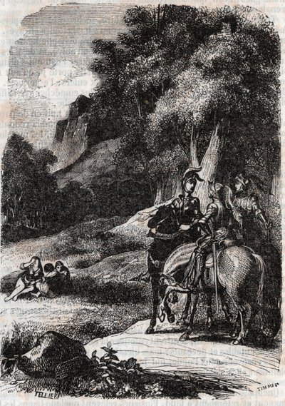 Roger (Ruggero, Ruggiero), Marphise (Marfisa) og de tre kvinnene - gravering fra 1851 fra "" Roland furieux"" (Orlando furioso) (1500-tallet) av Ludovico Ariosto, kalt Ariosto - Utgave oversatt fra italiensk av greven av Tressan og utgitt av av Unknown artist