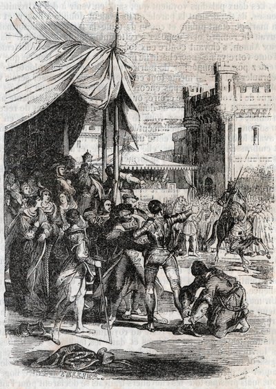 Roger (Ruggero, Ruggiero) trosser i kamp av Rodomont (Rodomonte) - gravering av 1851 fra "" Furious Roland"" (Orlando furioso) (1500-tallet) av Ludovico Ariosto, kjent som Ariosta - Utgave oversatt fra italiensk av greven av Tressan og publisere av Unknown artist
