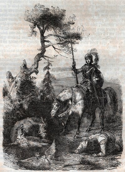 Roger (Ruggero, Ruggiero) bruker det fortryllende skjoldet - gravering av 1851 fra "" Furious Roland"" (Orlando furioso) (1500-tallet) av Ludovico Ariosto, kjent som Ariosta - utgave oversatt fra italiensk av greven av Tressan og publisert av av Unknown artist