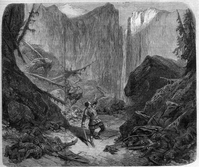 Roland blowing in his horn at the Battle of Roncesvaux on 15 August 778. Drawing by Alphonse de Neuville (1836-1885) for the opera “Roland a Roncesvaux” (Act IV, scene 1) by Auguste Mermet (1810-1889). Paris, Theatre imperial de l