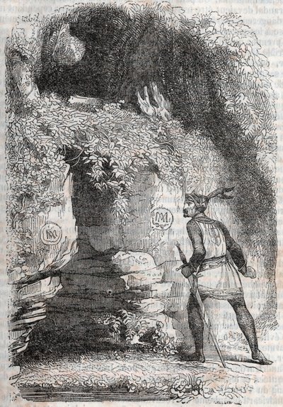Roland finner figurene til Medor (Medoro) og Angelique (Angelica) - gravering av 1851 fra "" Furious Roland"" (Orlando furioso) (1500-tallet) av Ludovico Ariosto, kjent som Ariosta - utgave oversatt fra italiensk av greven av Tressan og publis av Unknown artist