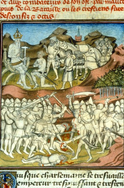 Rolands død. Karl den Store sender sine riddere til kamp; ridderen Roland blir drept i slaget ved Roncesvaux (778) - Miniatyr av middelalderen (ref. 512 av Unknown artist