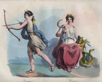 Romersk mytologi - Diana (Diane) jaktens gudinne og Ceres-gudinnen for jordbruk - gravering fra "Skikker og skikker til alle folkeslag i universet. Det er historien om regjeringen, lovene, militsen, om religionen til alle nasjoner fra de mest kjente av Unknown artist