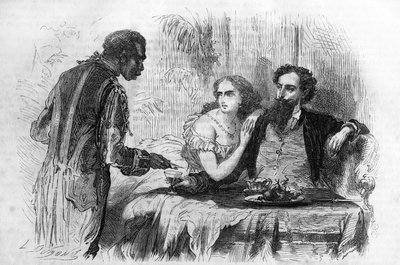 Romersk serie: «Puritanerne i Paris» av Paul Bocage (1824-1887). "Nigeren brakte Robert visittkortet." Gravering i "" Les bons romances"" av Unknown artist
