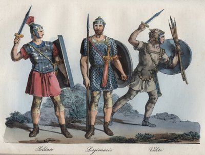 Romersk soldat - Legionær - Velitter (lett infanteri) - gravering fra "" Skikker og skikker til alle folkeslag i universet. Det er historien om regjeringen, lovene, militsen, om religionen til alle nasjoner fra de fjerneste tider til i dag." av Unknown artist