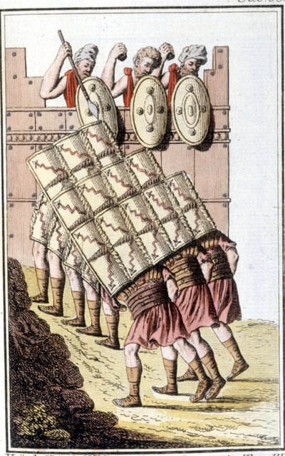Romerske soldater (romersk legion) som manøvrerer og forsvarer seg med skjoldene sine. Gravering fra begynnelsen av 1800-tallet av Unknown artist