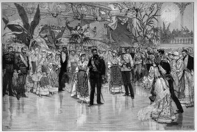 Romania: Ball gitt til ære for prins Rodolph (1858-1889) og prinsesse Stephanie av Østerrike Ungarn (1864-1945) ved Nationaltheatret i Bucuresti. Gravering i "" Le Monde Illustré"" av Unknown artist
