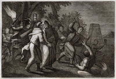 Royaumont Bibelen, Det nye testamente: Arrestering av Jesus Kristus eller Judas kyss. Soldatene kommer for å arrestere Kristus i Oljehagen. St. Peter kutter øret av en av dem. Illustrasjon fra 1811. av Unknown artist
