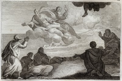 Royaumont Bibelen, Det nye testamente: Jesu Kristi himmelfart. Kristus blir tatt fra himmelen og velsignet apoterne før han forsvinner i en sky. Illustrasjon fra 1811. av Unknown artist