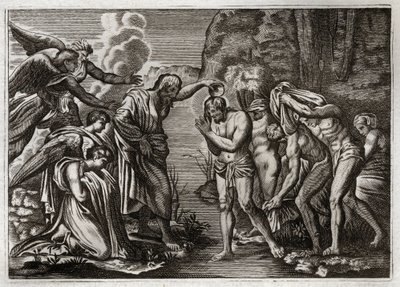 Royaumont Bibelen, Det nye testamente: Jesu Kristi dåp. Døperen Johannes døper Jesus Kristus i vannet i Jordanelven. Illustrasjon fra 1811. av Unknown artist