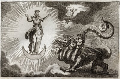 Royaumont Bibelen, Det nye testamente: Bete of Revelation. Den hellige Johannes ser et monstrøst dyr med syv hoder og ti horn og en gravid kvinne omgitt av lys, under hvis føtter er månen og på hodet en krone med tolv stjerner. Illustrasjon fra 1811. av Unknown artist