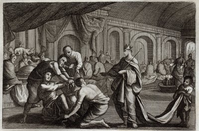 Royaumont Bibelen, Det nye testamente: Brudekjole. Lignelse om en konge som foretok bryllupet til sin sønn, hvorfra han avviste en mann som ikke hadde brudekjolen. Illustrasjon fra 1811. av Unknown artist