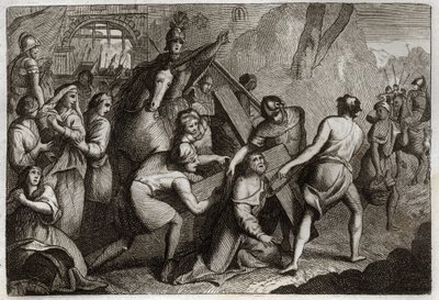 Royaumont Bibelen, Det nye testamente: Å bære korset (Korsets vei). Jesus Kristus bærer sitt kors til Golgata ved hjelp av Simon fra Kyrene (kyreneeren). Illustrasjon fra 1811. av Unknown artist