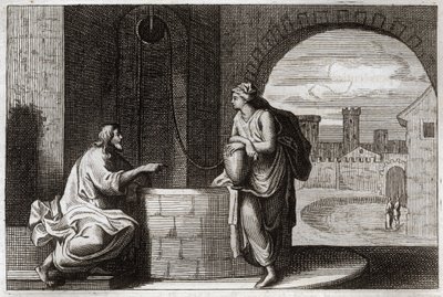 Royaumont Bibelen, Det nye testamente: Kristus og samaritanen ved brønnen. Jesus Kristus omvender en samaritansk kvinne. Illustrasjon fra 1811. av Unknown artist