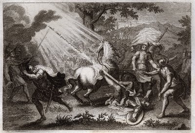 Royaumont Bible, New Testament: Conversion of St. Paul on the way to Damascus. He hears the voice of Jesus Christ who says to him “” Willow, Willow, who persequeris me”” (Saul, Saul, why are you persecuting me?) and a horse fall. Illustration from 1811. av Unknown artist