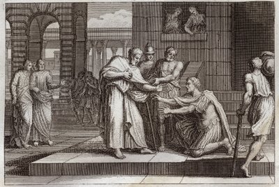Royaumont Bible, New Testament: Cornelius baptizes. Crow the centurion receives the faith of Jesus Christ, and is baptized by St. Peter. Illustration from 1811. av Unknown artist