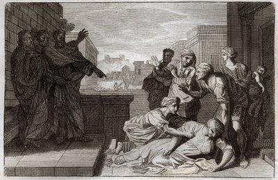 Royaumont Bible, New Testament: Death of Anania and his wife Saphire before St. Peter and St. John. Illustration from 1811. av Unknown artist