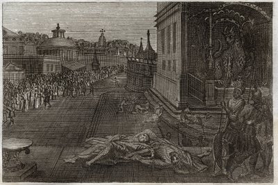 Royaumont Bible, New Testament: Death of the two Prophetes. The vision Saint John had of two dead Prophetes, who then resurrected. Seventh trumpet of Revelation. Illustration from 1811. av Unknown artist