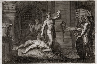Royaumont Bible, New Testament: Decollation of Saint John the Baptist. One puts his head on a plateau. Illustration from 1811. av Unknown artist