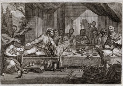 Royaumont Bibelen, Det nye testamente: Middag hos fariseeren Simon. Maria Magdalena gikk for å gråte ved Jesu Kristi føtter hos fariseeren Simon, og fikk tilgivelse for sine synder. Hun salver Kristi føtter med salve og tørker dem med håret. Il av Unknown artist