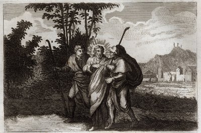 Royaumont Bibelen, Det nye testamente: Emmaus disipler. De to disiplene til Emmaus) møter den oppstandne Kristus. Illustrasjon fra 1811. av Unknown artist