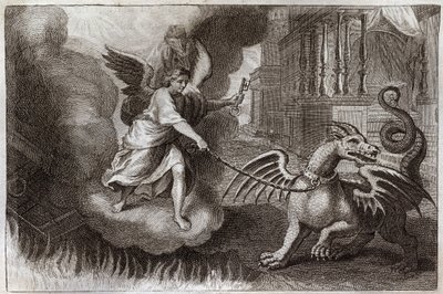 Royaumont Bibelen, Det nye testamente: Dragekjeder. Åpenbaringsdragen, symbolet på Djevelen, er lenket av en engel som holder nøkkelen til abime. Illustrasjon fra 1811. av Unknown artist