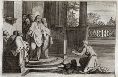 Royaumont Bibelen, Det nye testamente: Jesus Kristus og Kanaans hustru (Kanan eller den fremmede kvinnen). En bonde ber Herren om hjelp til å helbrede datteren hennes. Kristus svarte ham: "Jeg ble bare sendt til de tapte sauene av Israels hus." Illustrasjo av Unknown artist