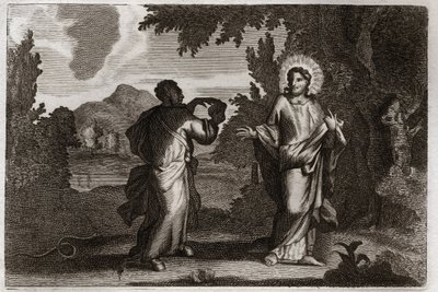 Royaumont Bibelen, Det nye testamente: Jesus Kristus i ørkenen. Jesus blir drevet ut i ørkenen. Han unge førti dager og førti netter. Han blir fristet av demonen som inviterer ham til å gjøre steiner om til brød. Illustrasjon fra 1811. av Unknown artist