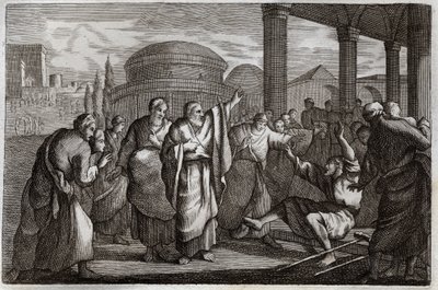 Royaumont Bible, New Testament: Lame gueri. Saint Paul warriors a lame and arrests a people who wanted to sacrifice to him like a God. Illustration from 1811. av Unknown artist