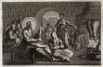 Royaumont Bibelen, Det nye testamente: Marta og Maria. Jesus Kristus går inn i huset til Marta, som skynder seg å ta imot ham mens søsteren hans, Maria av Betania, hører hans ord. Illustrasjon fra 1811. av Unknown artist