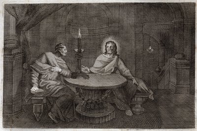 Royaumont Bibelen, Det nye testamente: Nikodema kommer for å finne Jesus Kristus om natten. Illustrasjon fra 1811. av Unknown artist