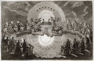 Royaumont Bible, New Testament: Open Heaven. A trone appears surrounded by a lion, an ox, a man and an eagle (tetramorph) and seven lamps. Twenty-four old people sitting on trones surround this vision. Illustration from 1811. av Unknown artist