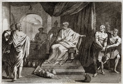 Royaumont Bibelen, Det nye testamente: lignelse om talenter. En mester straffer en av sine tjenere som gjemte pengene han ga ham. Illustrasjon fra 1811. av Unknown artist