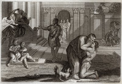 Royaumont Bible, New Testament: Parable of the Prodigal Child. The son returns home after he left and lost all his possessions. He