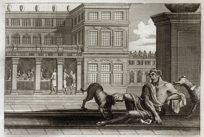 Royaumont Bible, New Testament: Parable of the evil rich represents at the table in the back and Lazarus the beggar, whose dogs of the rich lick the wounds. Illustration from 1811. av Unknown artist