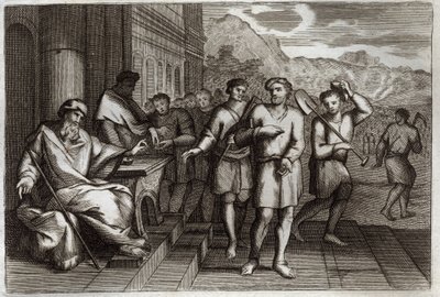 Royaumont Bibelen, Det nye testamente: Lignelse om vinarbeidere eller lignelse om arbeidere i den ellevte time. Arbeidere som familiefaren sender for å jobbe i sin vingård. Illustrasjon fra 1811. av Unknown artist