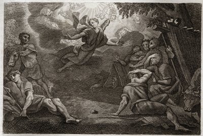 Royaumont Bible, New Testament: Pastors at the Crech. An Angel announces the Birth of Jesus Christ to the Pastors (Annunciation to the Shepherds). Illustration from 1811. av Unknown artist