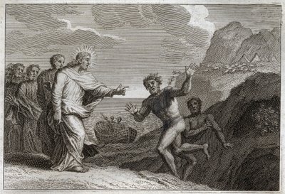 Royaumont Bibelen, Det nye testamente: Possede gueri. Jesus Kristus helbredet en besatt som demonen gjorde rasende. Illustrasjon fra 1811. av Unknown artist