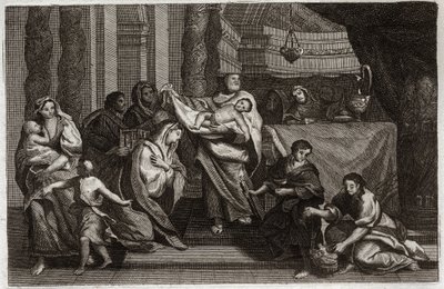 Royaumont Bibelen, Det nye testamente: Rensing av jomfruen eller presentasjon i tempelet. Den hellige familie tilbyr Jesus Kristus til tempelet og gir det til Symeon (eller Simeon eller Simon). En kvinne holder to duer i en kurv. Illustrasjon fra 1811. av Unknown artist