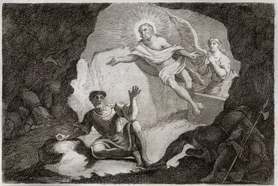 Royaumont Bibelen, Det nye testamente: Oppstandelse. Jesus Kristus reiser seg fra graven sin under ærefrykt for de romerske soldatene som hadde sovnet. Illustrasjon fra 1811 (gravering) av Unknown artist