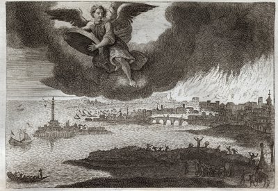 Royaumont Bible, New Testament: Ruin of Babylon. Babylon on fire, an angel throws a stone at the sea, symbolizing the destruction of this city during the Revelation. Illustration from 1811. av Unknown artist