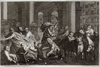 Royaumont Bible, New Testament: Sellers Hunt from the Temple. Jesus Christ drives away from the Temple those who profaned him by the traffic they were doing there. Illustration from 1811. av Unknown artist