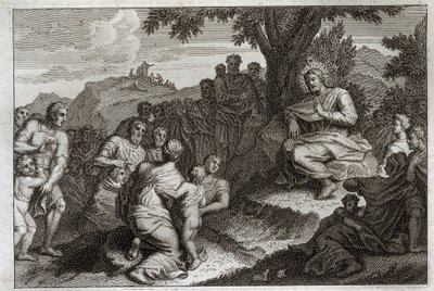 Royaumont Bibelen, Det nye testamente: Preken på fjellet. Jesus Kristus velger ut tolv apotere av sine disipler, og gjør prekenen foran dem og for et stort folk, som vanligvis kalles fjellprekenen. Illustrasjon fra 1811. av Unknown artist