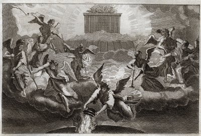 Royaumont Bibelen, Det nye testamente: Syv engler blåser i Åpenbaringens trompeter etter åpningen av det syvende segl i boken av Lammet. En annen engel tar et røkelseskar, fyller det med alterets ild og kaster det på jorden. Illustrasjon fra av Unknown artist