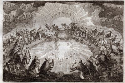 Royaumont Bibelen, Det nye testamente: Syv segl av boken åpnet av Lammet. De tjuefire eldste legger seg foran tronen omgitt av en løve, en okse, en mann og en ørn (tetramorf) og syv lamper. Illustrasjon fra 1811. av Unknown artist