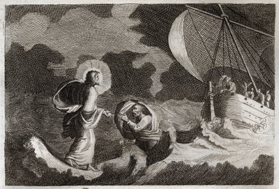 Royaumont Bibelen, Det nye testamente: St. Peter går på vannet. Jesus Kristus går på havet, og får Sankt Peter til å gå der. Illustrasjon fra 1811. av Unknown artist
