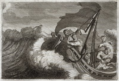 Royaumont Bibelen, Det nye testamente: Tempete bleknet. Apoterne blir overrasket av en storm vekket Jesus Kristus som sov i skipet deres, og han roer også ned Genesaretsjøen. Illustrasjon fra 1811. av Unknown artist