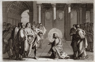 Royaumont Bibelen, Det nye testamente: Den utro kvinnen. Jesus Kristus lurer seg selv fra fellene som jødene la over ham, og spør ham hva som skal gjøres med en kvinne som er tatt i hor, og sier: «La ham av deg som er uten synd kaste bakken. av Unknown artist
